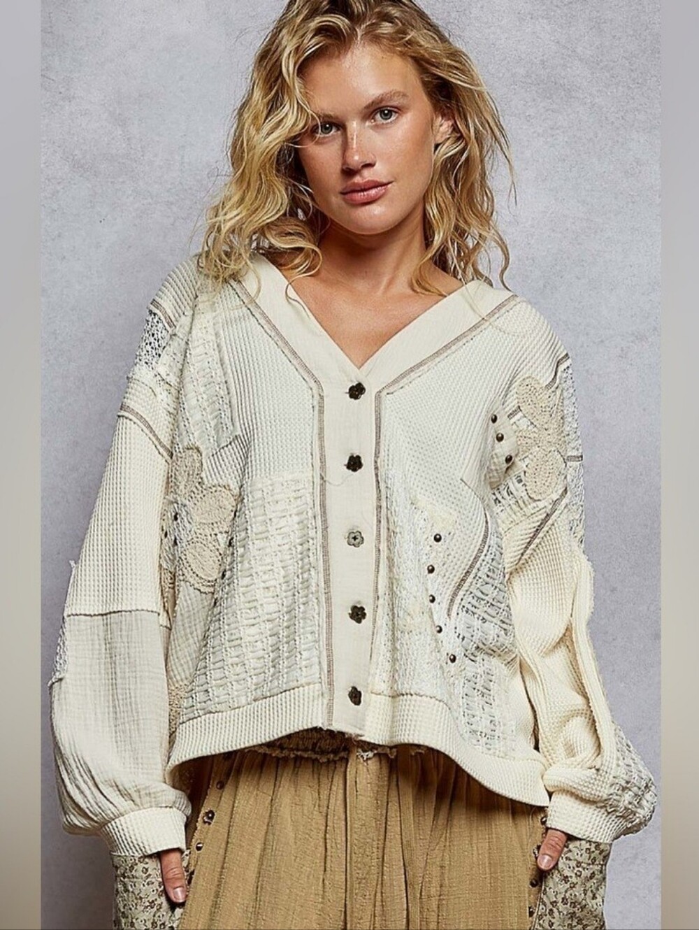 POL “Cottage Charm“ Patchwork Thermal Hoodie Button-Up Cardigan Sweter Cream  L
